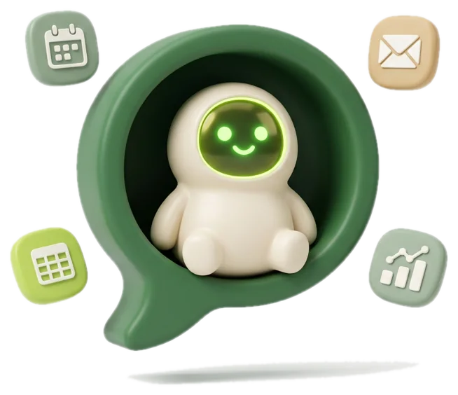 An AI employee inside a chat bubble surrounded by app tiles