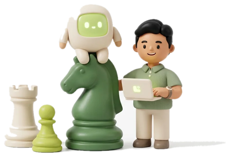 An AI employee sitting on a chess knight next to a KeyPlayer