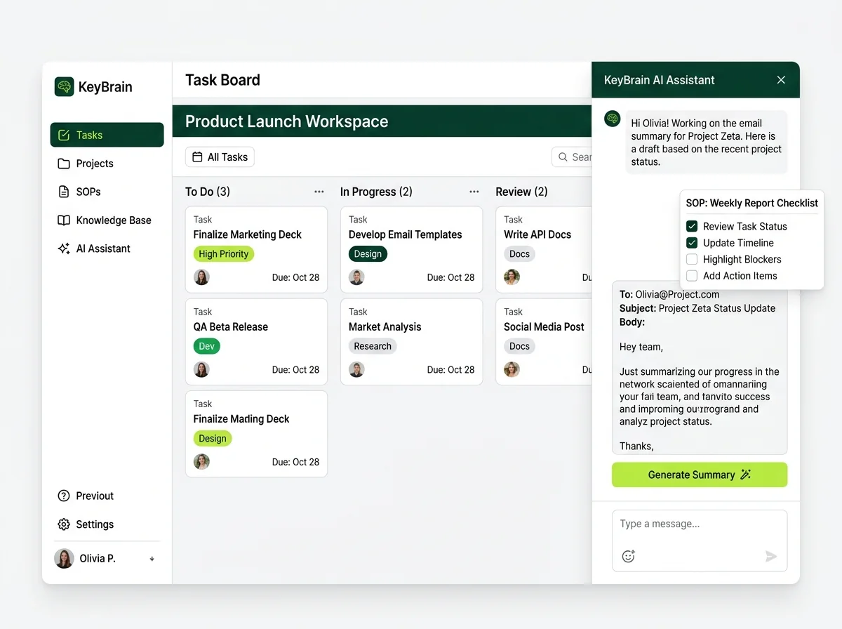 KeyBrain AI workspace with tasks and an AI assistant