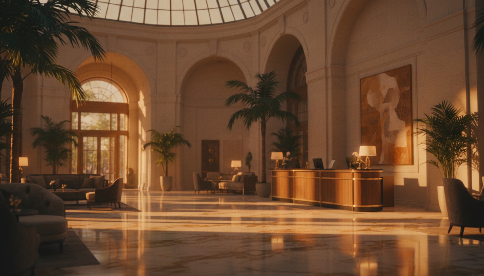 Luxury hotel lobby at golden hour